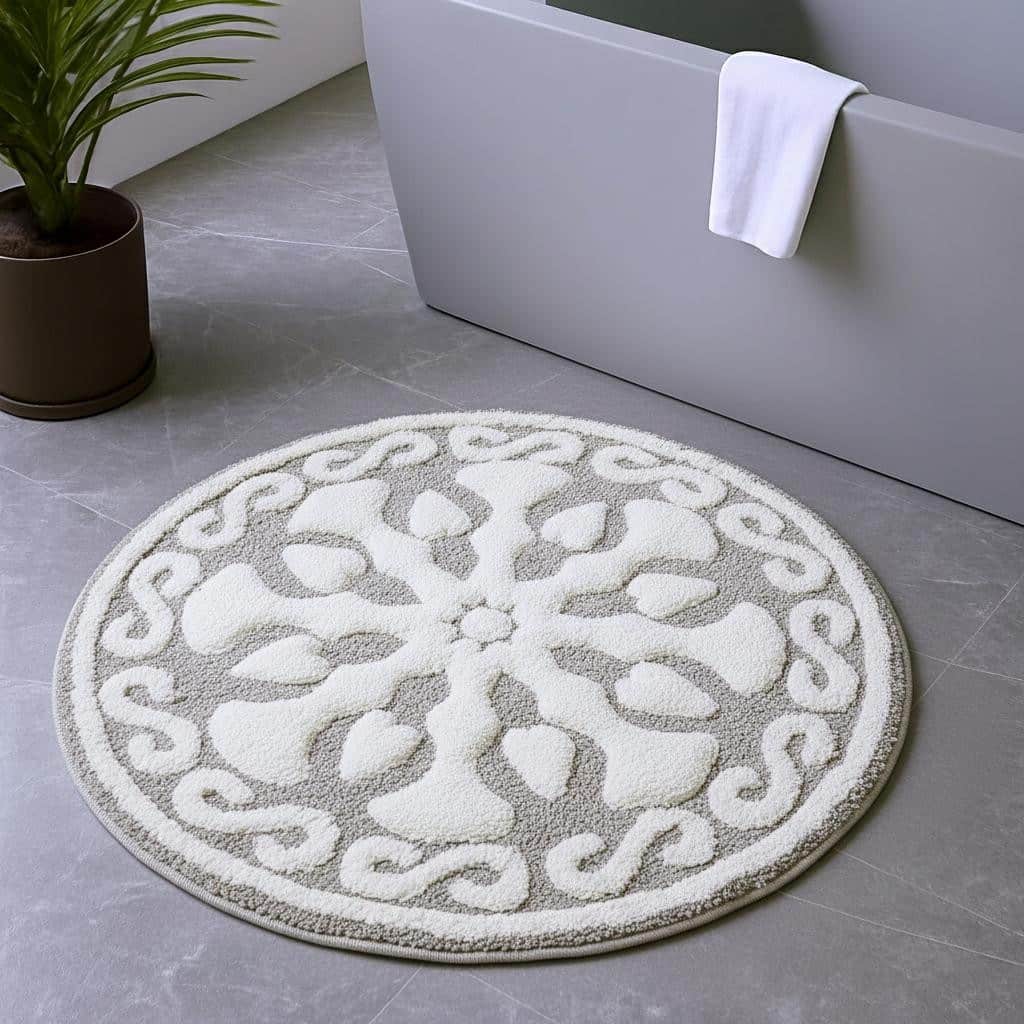 HomeRoots 25" Taupe And White Cotton Round Medallion Bath Rug
