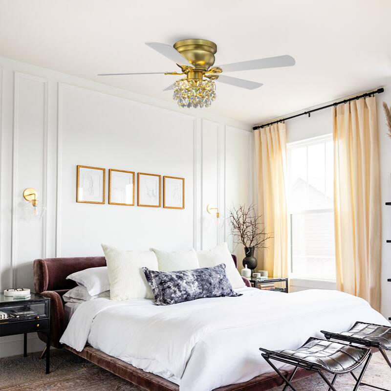48-inch Modern Brass Crystal Low Profile Chandelier Ceiling Fan with Light and Remote Control - 48"Wx15.1"H