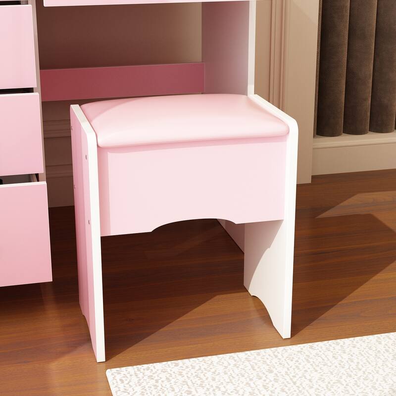 Vanity Desk with LED Lighted Mirror, Makeup Vanity Table with Drawers, Shelves and Stool