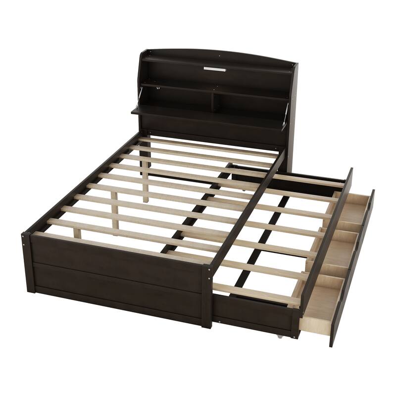 Wooden LED Bed with Trundle and Storage Headboard