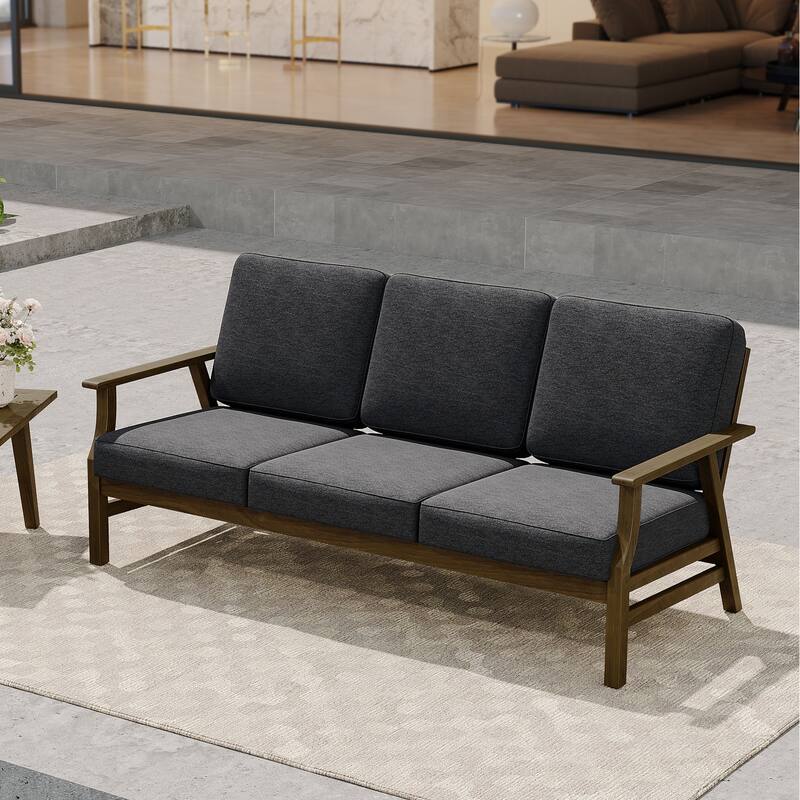 Modern Wood Cushioned 5-Piece Outdoor Patio Conversation Set - 3-Seat Sofa - Dark Grey