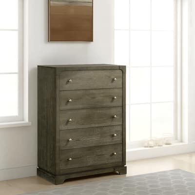 Seon Tall Dresser Chest, 5 Drawers with Brass Knobs, Dark Cocoa Brown