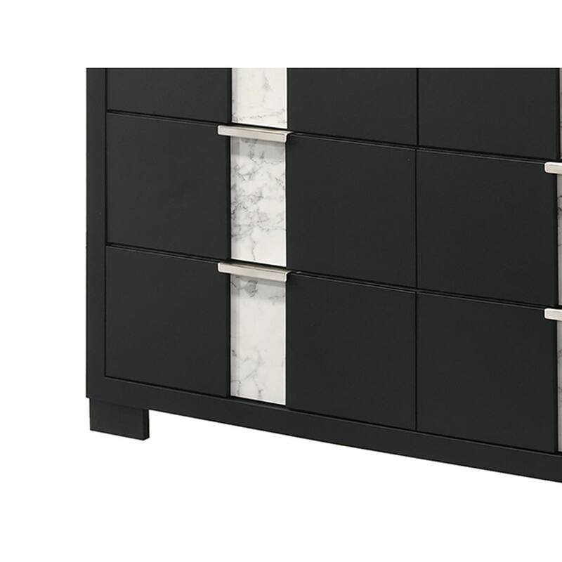Amey Wide 6 Drawer Dresser, White Marble Trim, Black Wood