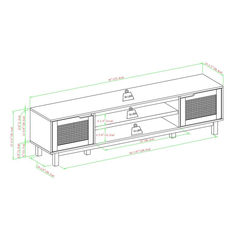 70-Inch Low TV Stand with Faux Rattan Doors & Open Cubbies, Ideal for Coastal Décor & TVs up to 80 Inches