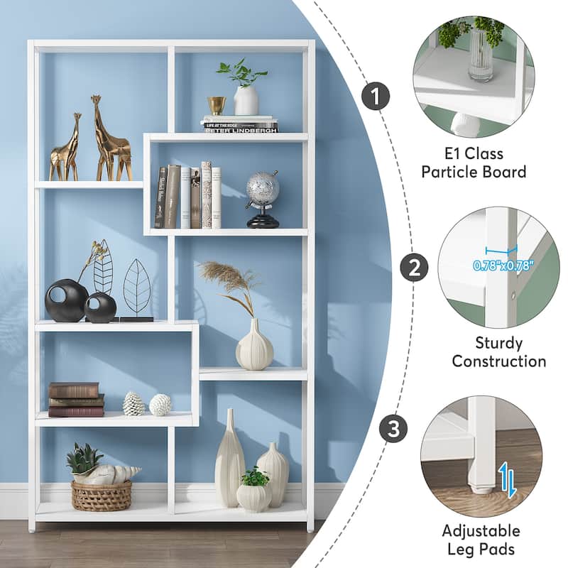 Etagere Bookcase 8 Tier Bookshelf with Gold Metal Frame and White Faux Marble Board for Home office, Living Room