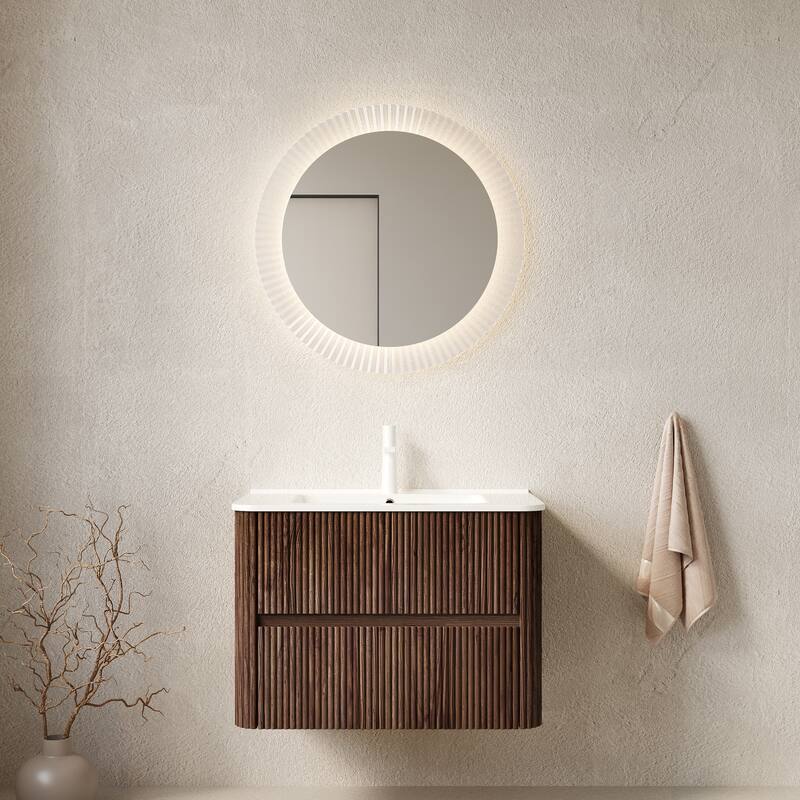 GDFStudio - Noor Modern Floating Bathroom Vanity with Dual Drawers & White Ceramic Basin, WITHOUT Faucet - 30" - Retro Walnut
