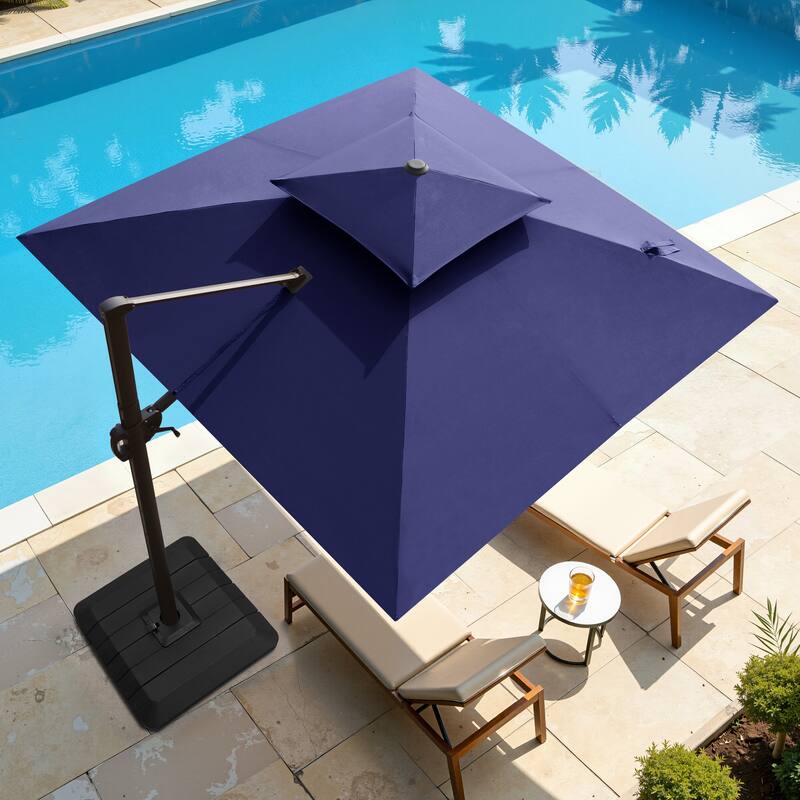 10FT Outdoor Square 360 Degree Rotation Patio Cantilever Umbrella with Base Stand - Navy Blue