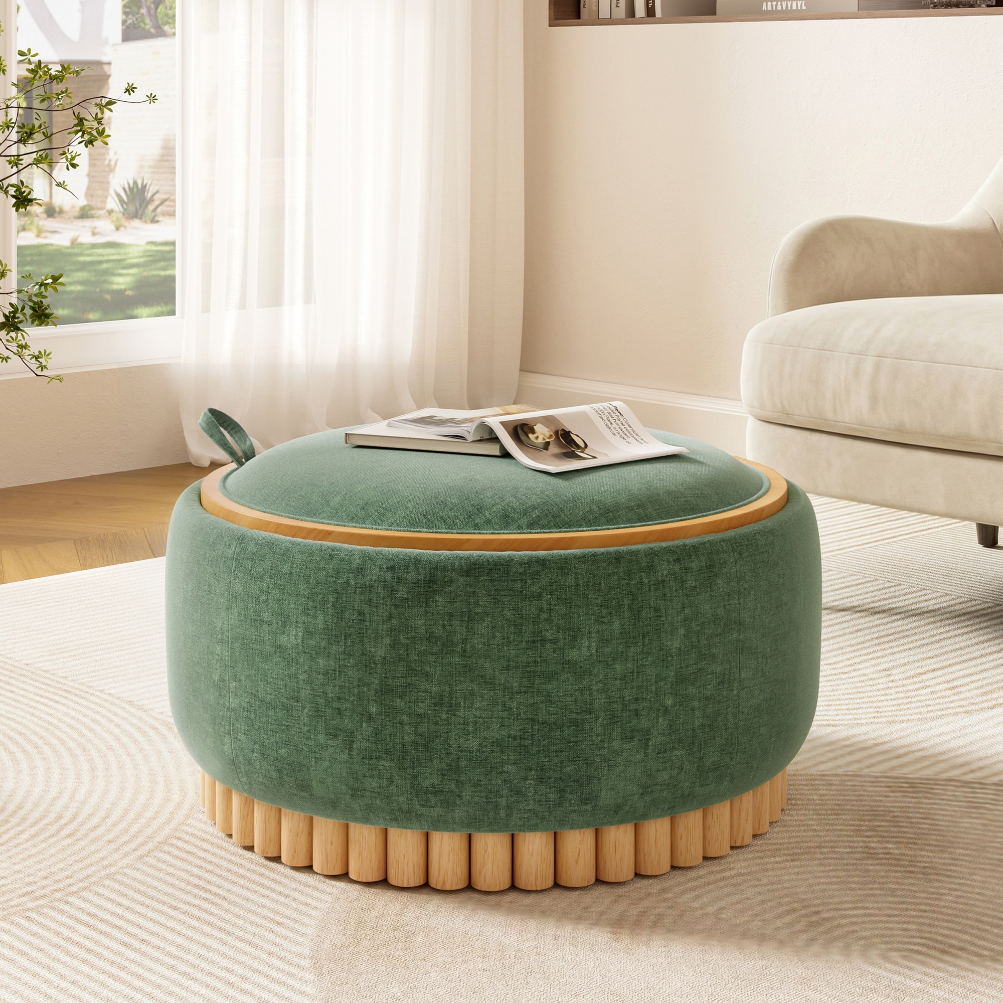 Roomfitters 29 Inch Round Storage Ottoman with Reversible Wooden Tray Top, Upholstered Coffee Table for Living Room