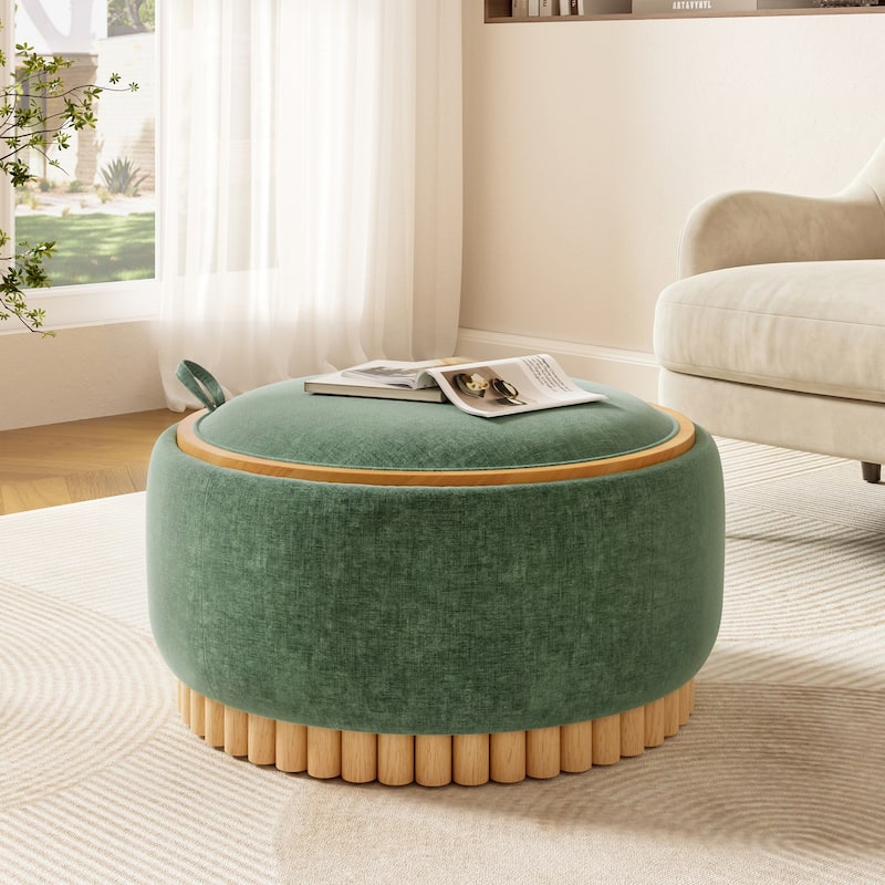 Roomfitters 29 Inch Round Storage Ottoman with Reversible Wooden Tray Top, Upholstered Coffee Table for Living Room - Green