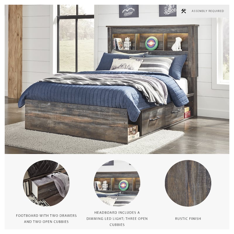 Drystan Rustic Brown Bookcase Bed with 2 Under Bed Storage Drawers