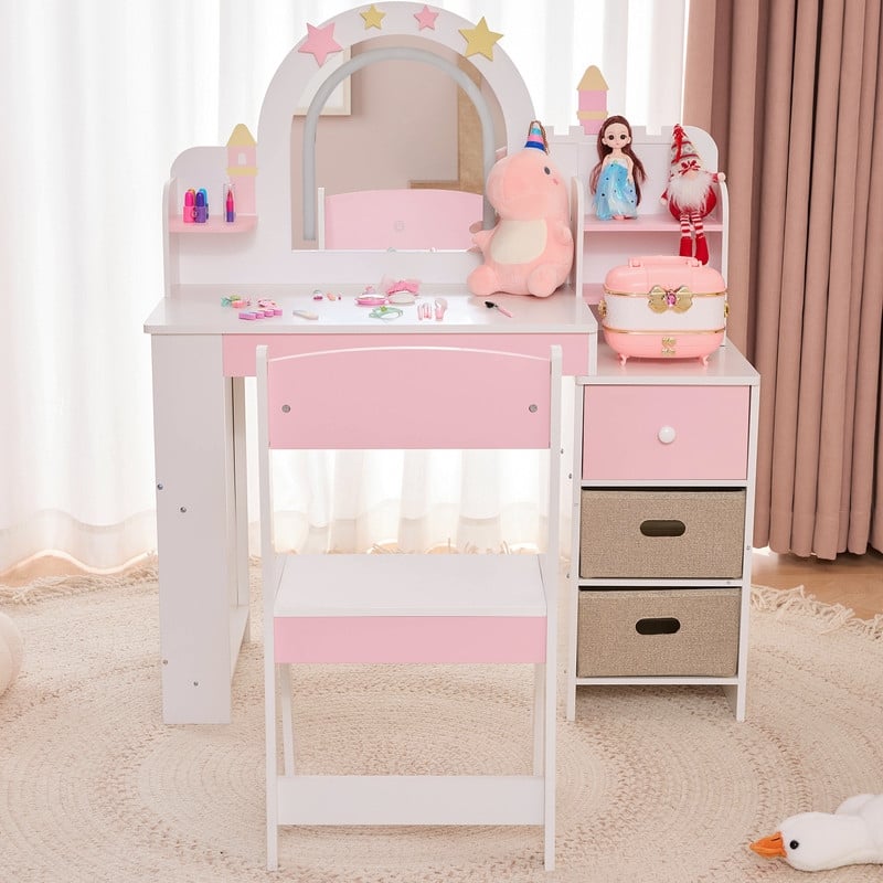 Kids MDF Vanity Table Set In White And Pink With 1 Drawer And Storage Rack - N/A