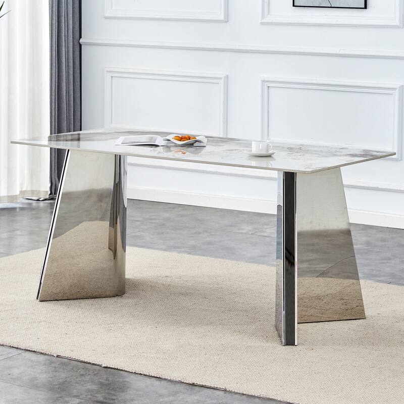 Roomfitters Rock Slab Dining Table with Pandora Pattern and Silver Stainless Butterfly Legs for Modern Interiors