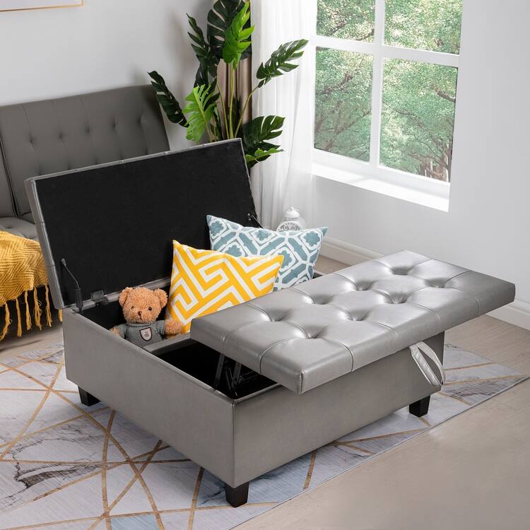 35-Inch Air Leather Tufted Upholstered Lift-Top Ottoman Bench, Large Square Storage Coffee Table for Living Room
