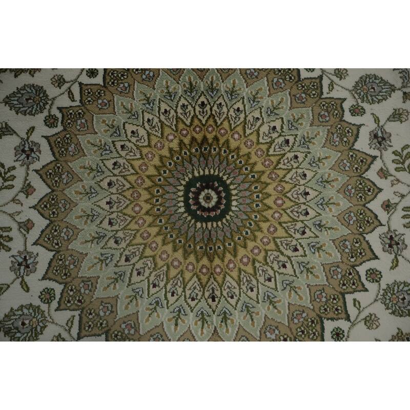 Hand Knotted Oriental Silk Carpet Traditional Floral Beige & Ivories Kashmir Area Rug - 8' 11'' X 5' 11''