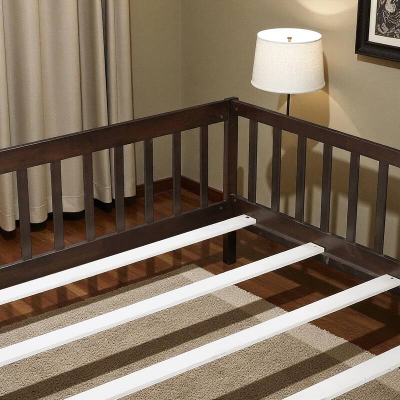 Queen Size Rubber Wood Floor Bed with Fence and Door, Montessori Platform Bed with Safety Guardrails for Kids