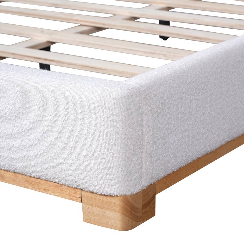 White Platform Bed Wingback Frame with Boucle Upholstered Curved Headboard, Solid Wood Base Low Profile Bed