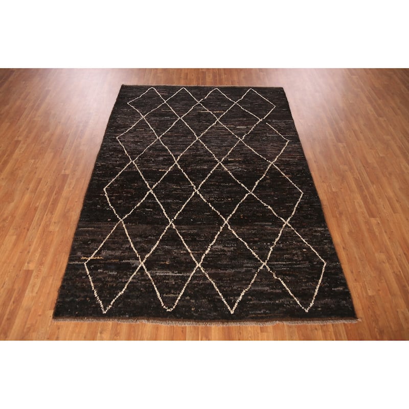 Geometric Black Moroccan Oriental Area Rug Handmade Wool Carpet - 6'11" x 9'9"
