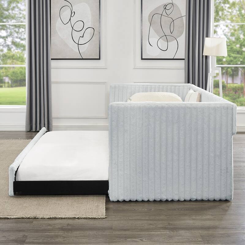 Striped Corduroy Fabric Upholstered Daybed with Trundle,Twin Size
