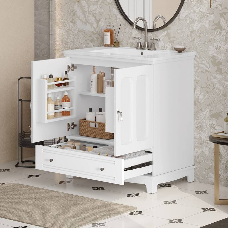 30" Bathroom Vanity with Ceramic Sink, Adjustable Shelf, Drawer with Divider