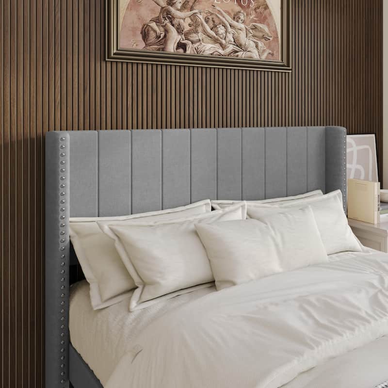 Clayfell Ipswich Upholstered Wingback Headboard with Nailhead Trim, Modern Vertical Channel Tufting, Easy Assembly