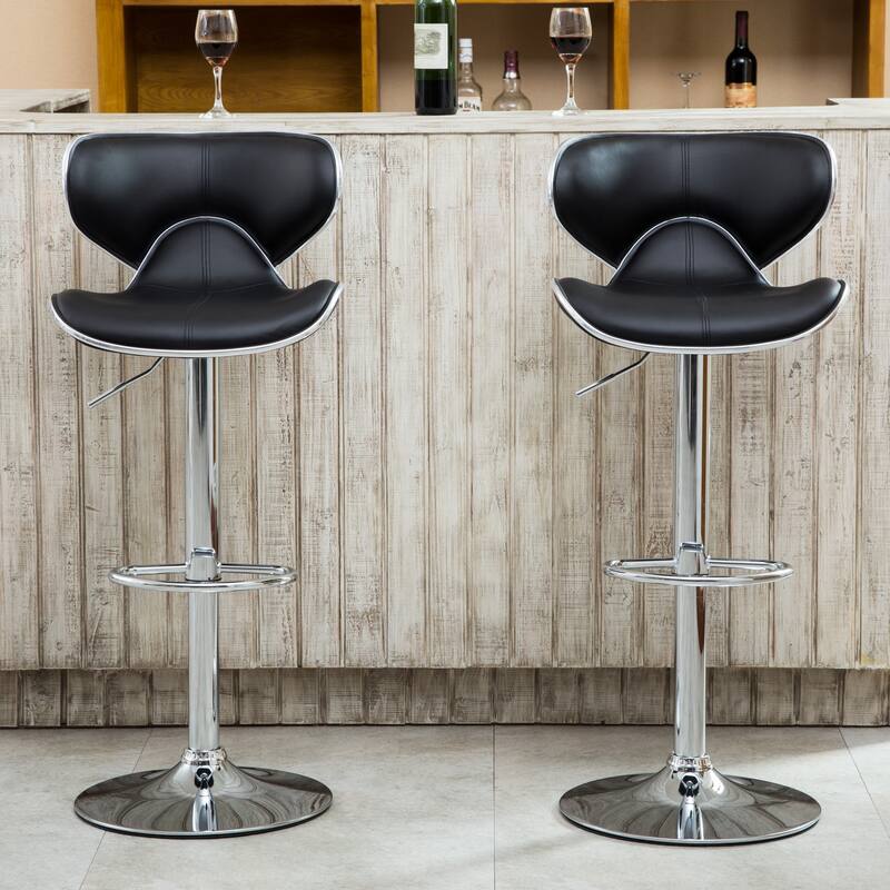 Modern Set of 2 Swivel Bar Stools with Leather Seat, Chrome Base, Height Adjustable, for Kitchen Island Dining Room - Black