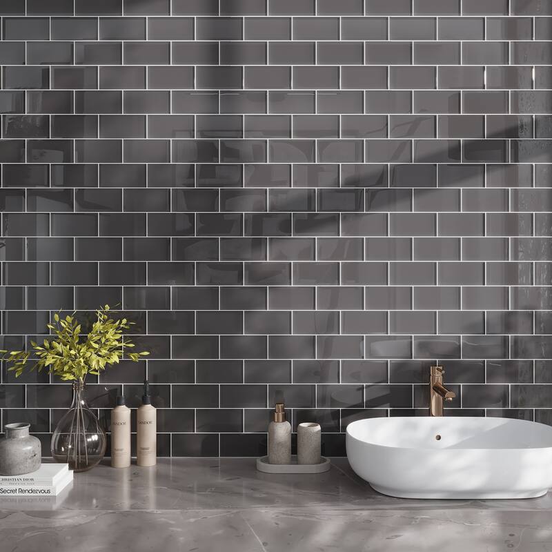 Apollo tile 3" x 6" Colorway Glossy Ash Gray Glass Tile (5 sq ft/case) - 40 Pack
