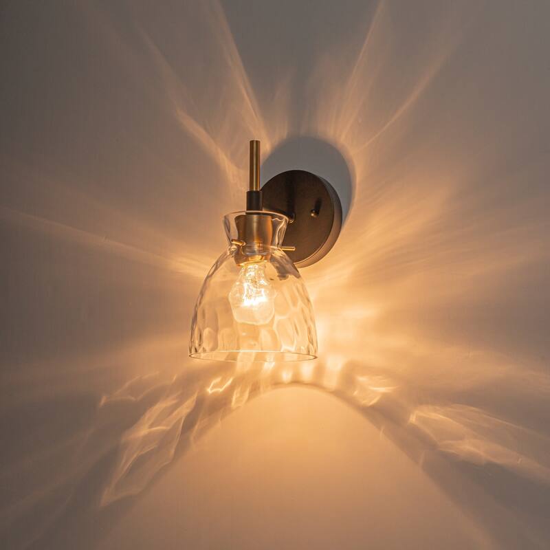 1-Light/3-Light Matte Black and Antique Brass Bathroom Vanity Light with Water-Rippled Glass Shade