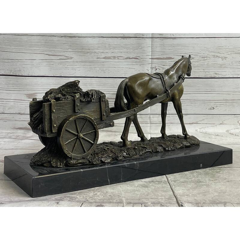 Signed Original Working Imitative Horse With Carriage Bronze Statue Sculpture Figurine Art