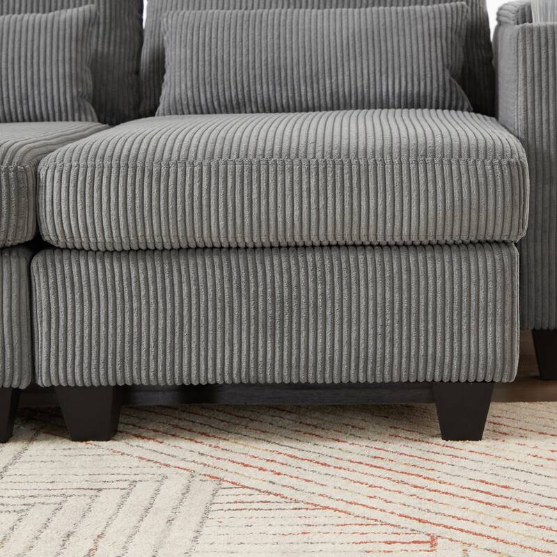 Convertible Sleeper Sofa Chaise Lounge with Movable Backrest, Corduroy Reading Chair with USB Ports, Cup Holders & Phone Holder