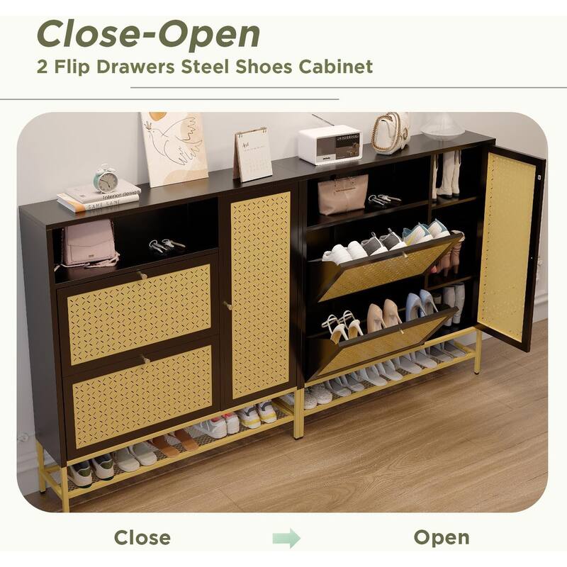 AECOJOY Shoe Storage Cabinet with 2 Flip Drawers with Door & Open Storage - 10.2"D x 43.3"W x 50"H