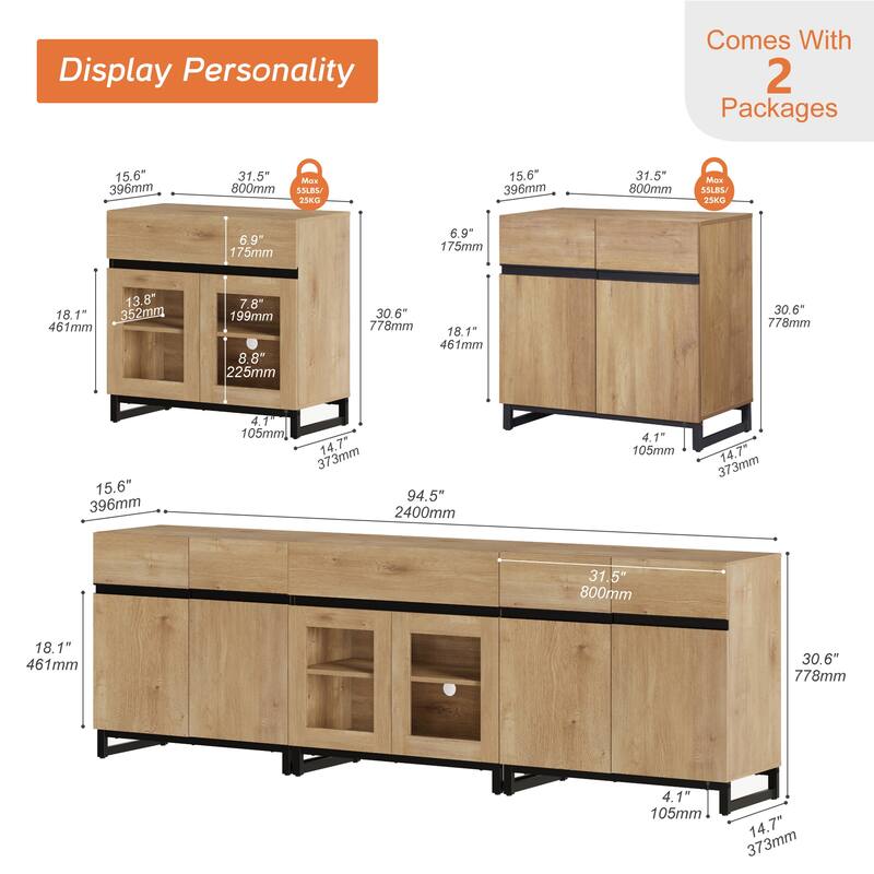 WAMPAT Modern Dresser with Adjustable Shelves and Drawer, 3 in 1 Storage Cabinet with Glass Doors, Chest of Drawers for Bedroom