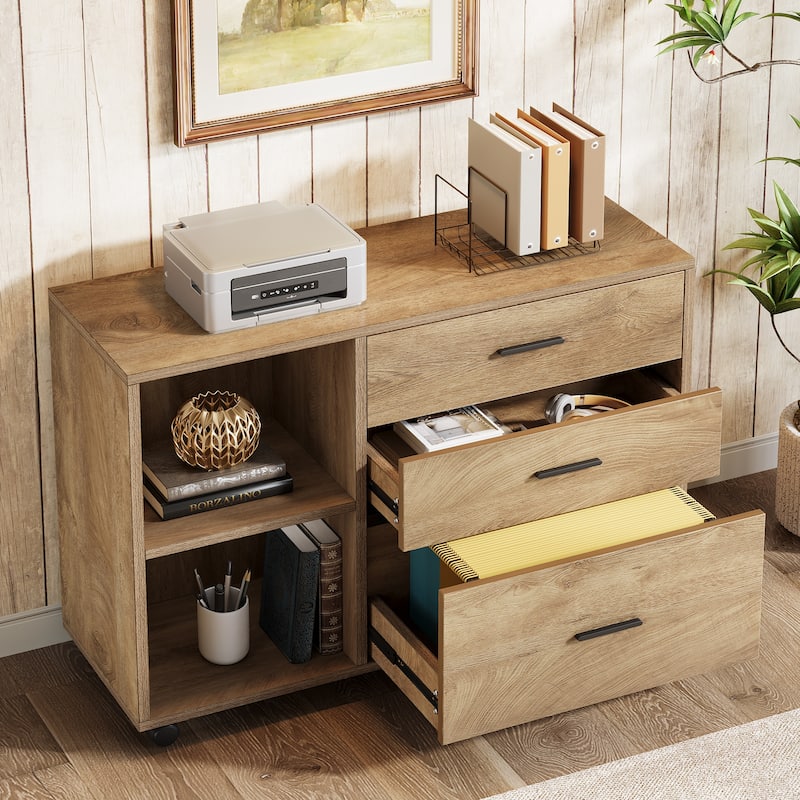 63" L Shaped Desk with File Cabinet, Executive Office Desk - Brown