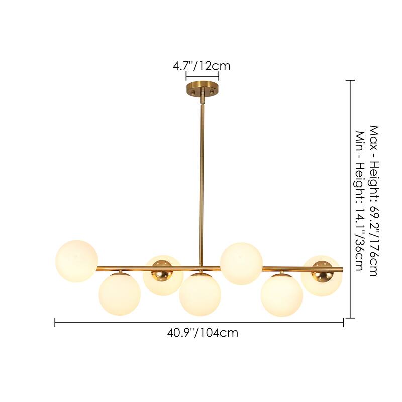 7-Light Mid-Century Modern Gold/Black Sputnik Metal Island Lights with Opal Glass Globe Shades for Kitchen, Dining Room