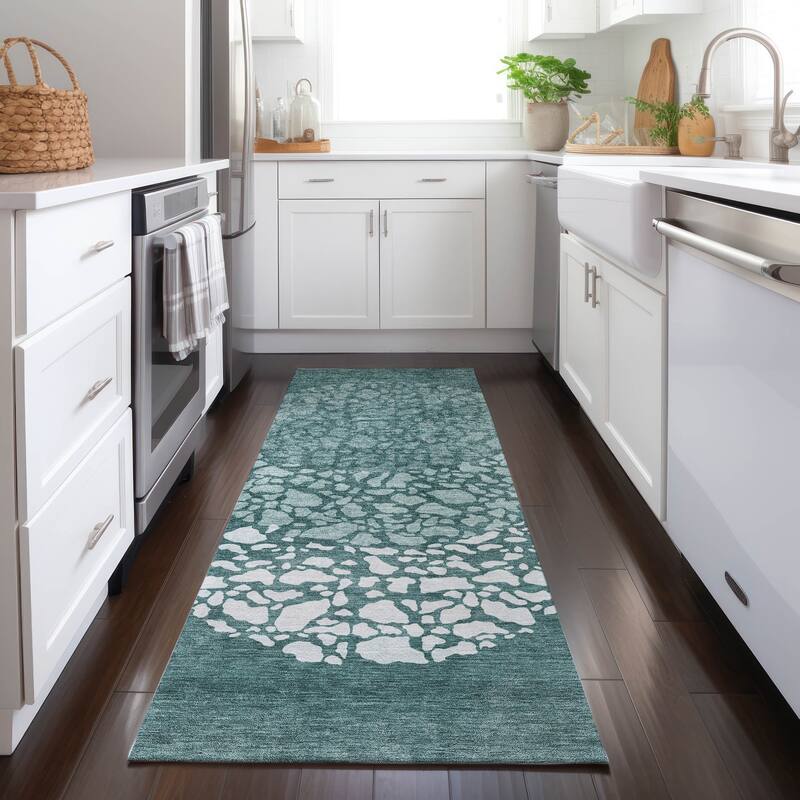 Machine Washable Indoor/ Outdoor Chantille Modern Mosaic Rug - Teal - 2'3" x 7'6"