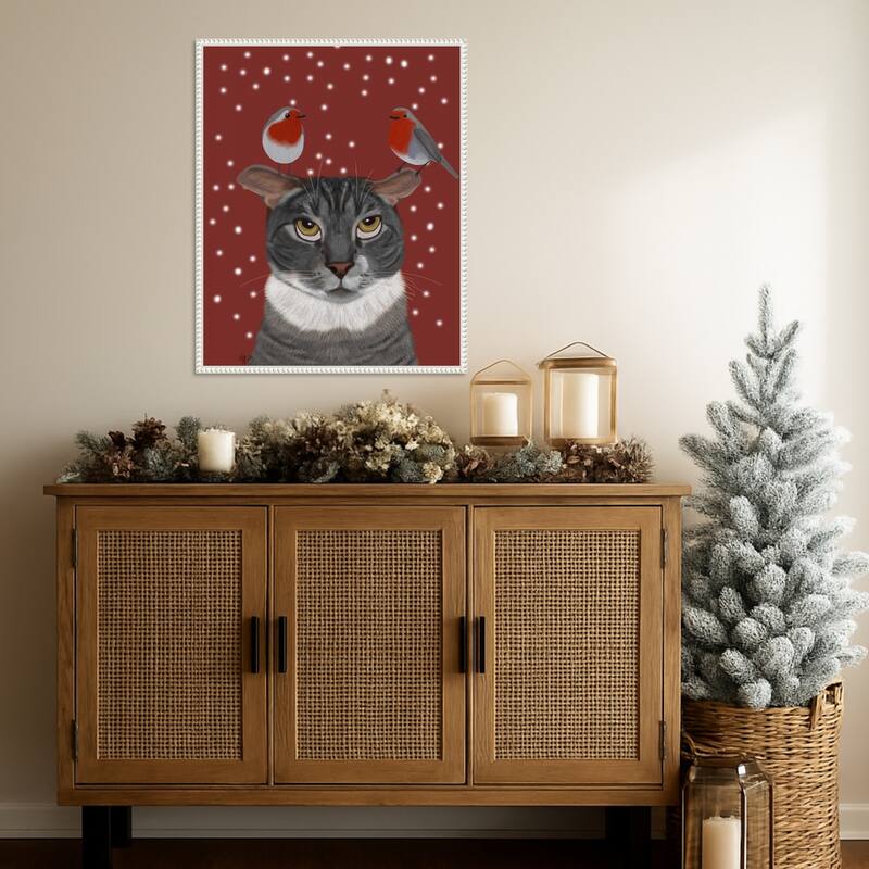 Grey Cat and Robins by Fab Funky (23 x 28 in.), Framed Canvas Wall Art Print - Sylvie Beaded White