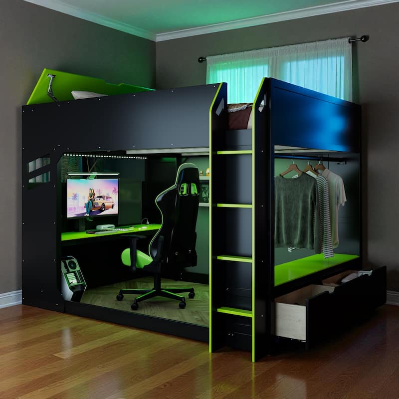 Full Size Wood Loft Bed with Adjustable Desk, Drawers, Storage Shelves, Hanging Rod and RGB LED Lights - Green - Full