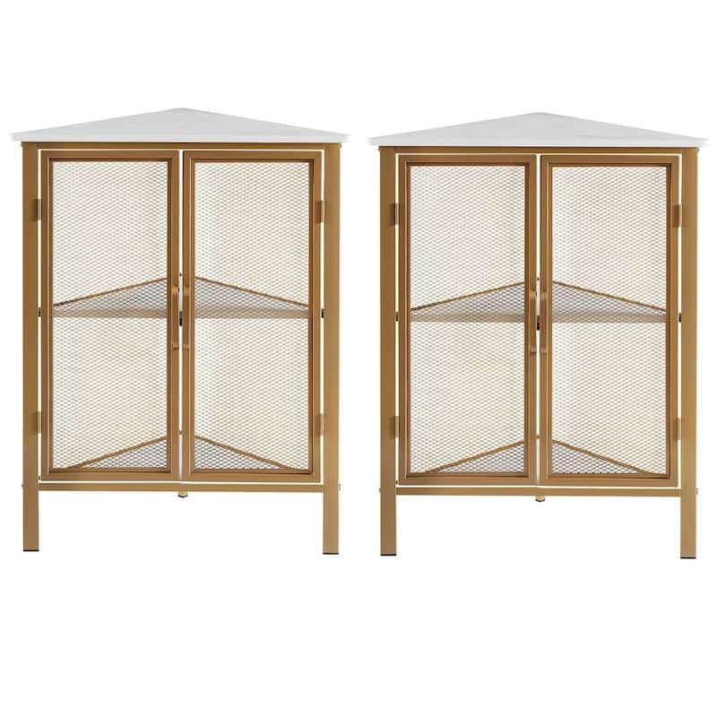Set of 2 Industrial Triangle Corner Table with Dual Door and 3-tier Shelf Storage Cabinet - Gold