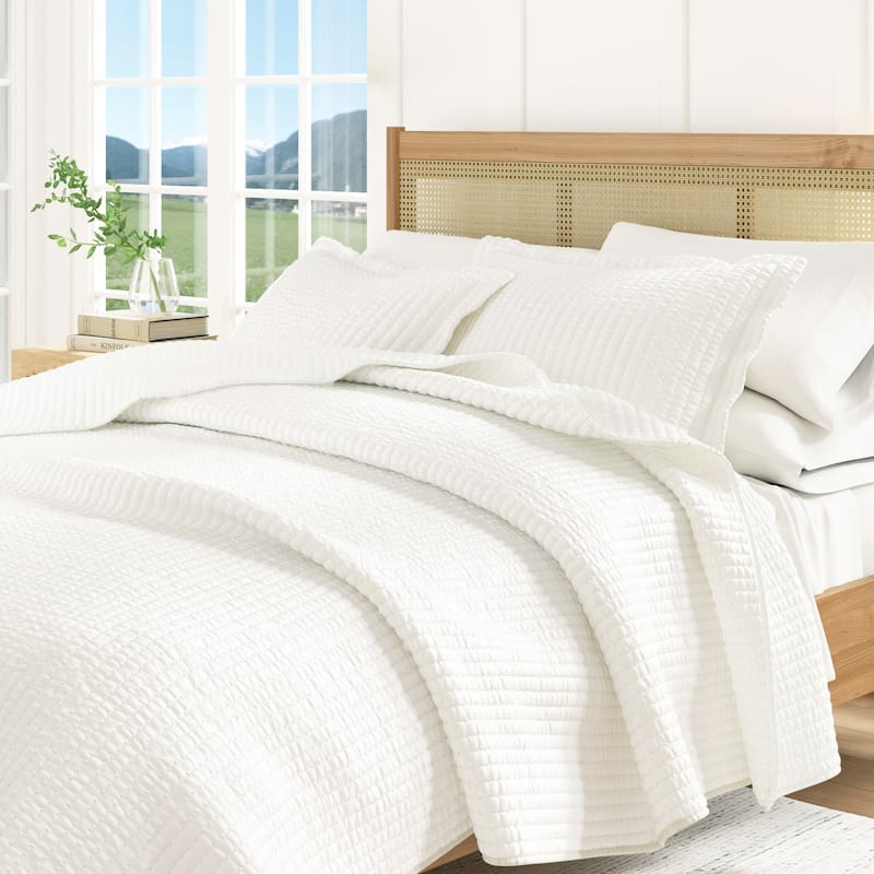Linery & Co. Detailed Channel Stitch Microfiber Quilt Set With Shams. - Whisper White - King