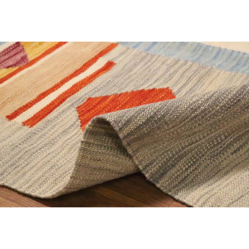 Hand Woven Oriental 100% Wool Carpet Southwestern Tribal Beige & Ivories Kilim Area Rug - 9' 10'' X 6' 5''