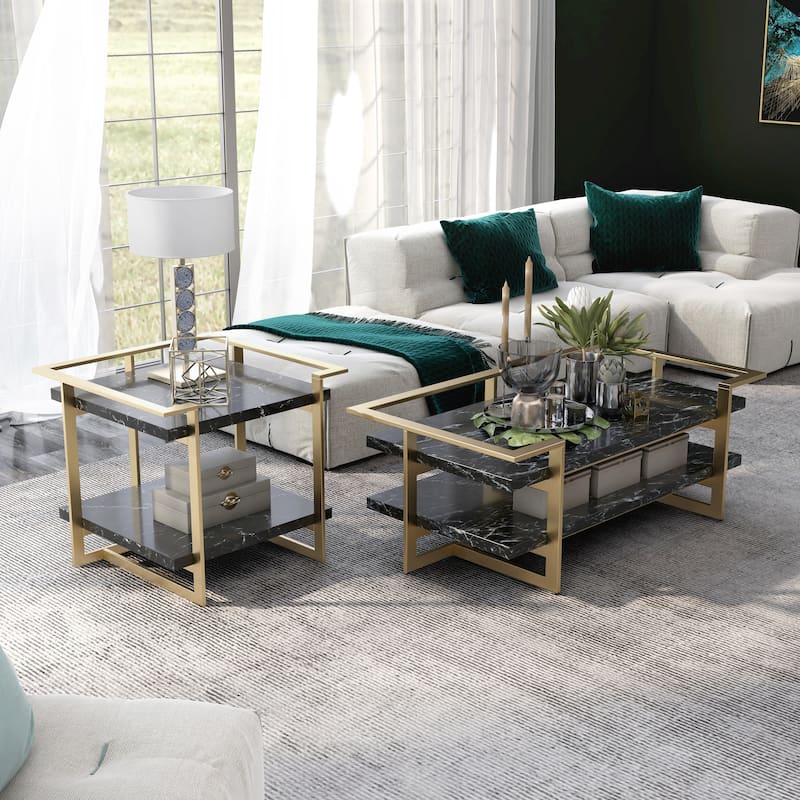 Lovell Glam Gold and Black Faux Marble 2-Piece Table Set with Shelf by Furniture of America