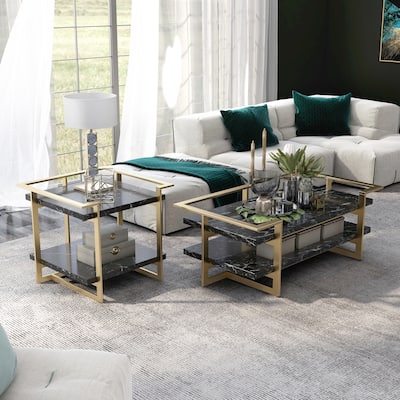Lovell Glam Gold and Black Faux Marble 2-Piece Table Set with Shelf by Furniture of America