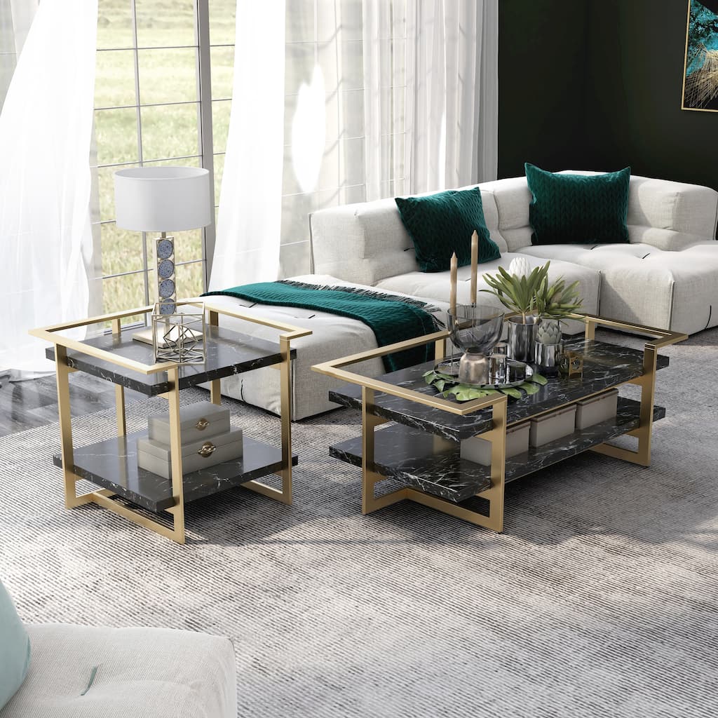 Lovell Glam Gold and Black Faux Marble 2-Piece Table Set with Shelf by Furniture of America