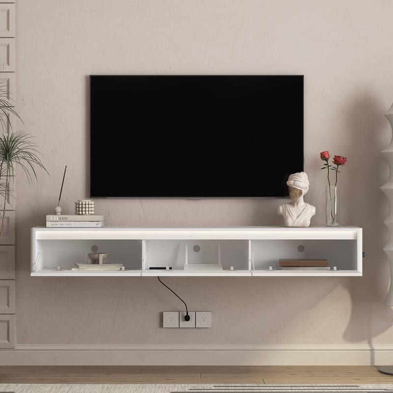 Floating LED TV Stand Wall Mounted TV Console, High Gloss TV Cabinet with LED Light & Power Outlet