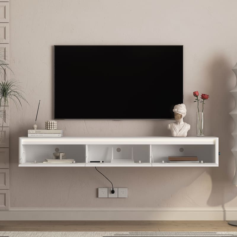 Wall Mounted TV Shelf with LED Lights & Power Outlet, High Gloss TV Cabinet for Wood TV Stands for Living Room