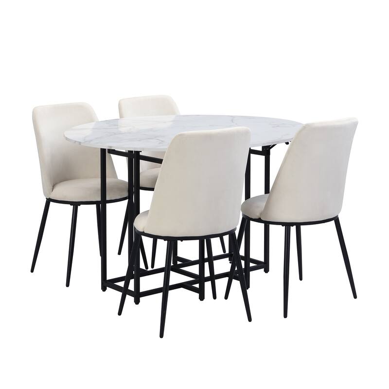 5-Piece Extendable Kitchen Dining Table Set- Round Faux Marble Top, 4 Upholstered Chairs, Compact Foldable Design