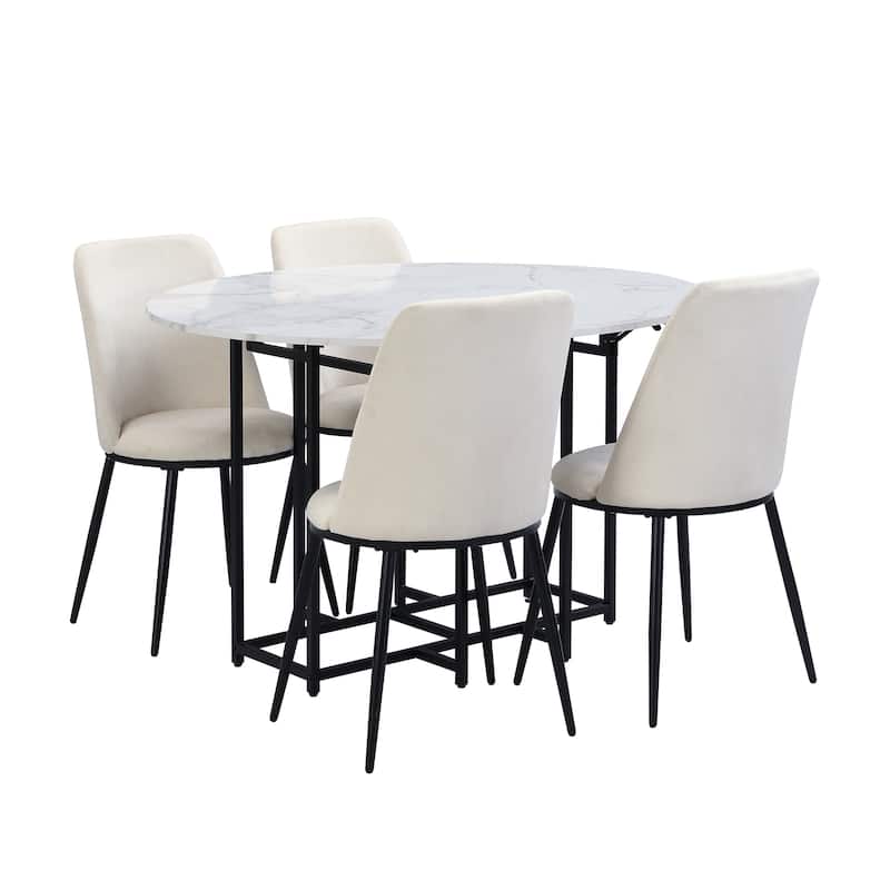Roomfitters Space-Saving 5-Piece Extendable Dining Table Set with Round Faux Marble Top, 4 Upholstered Chairs