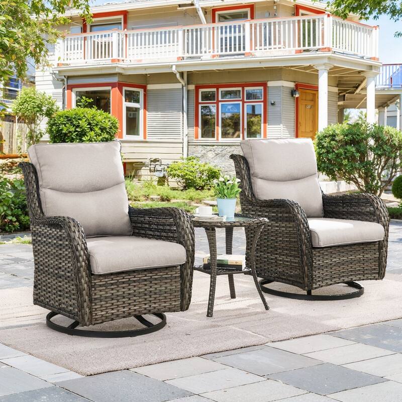 Outdoor Swivel Rcoker Patio Chair with Coffee Table - Beige - Grey