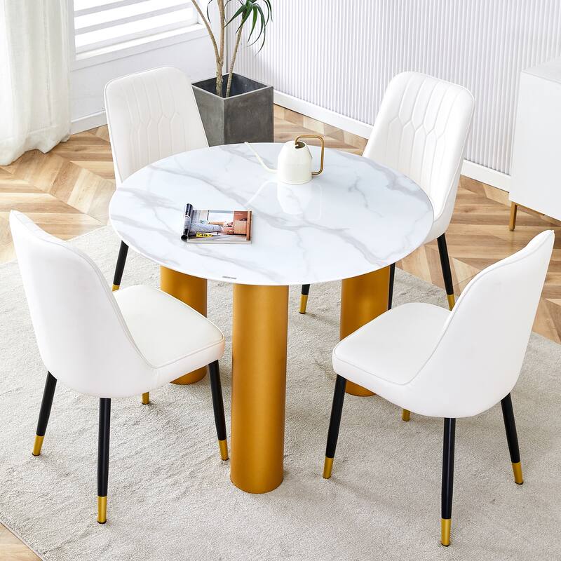 Roomfitters Round Dining Table with Faux Marble Glass Top and Golden MDF Legs for Kitchen or Living Room, White