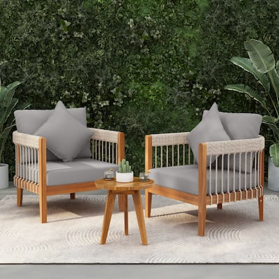 Acacia Wood Outdoor Club Chair Set with Handwoven Rope and Removable Cushions