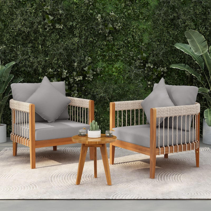 Roomfitters 3-Piece Outdoor Club Chair Set with Acacia Wood Frame, Handwoven Rope Accents, Removable Cushions and Side Table